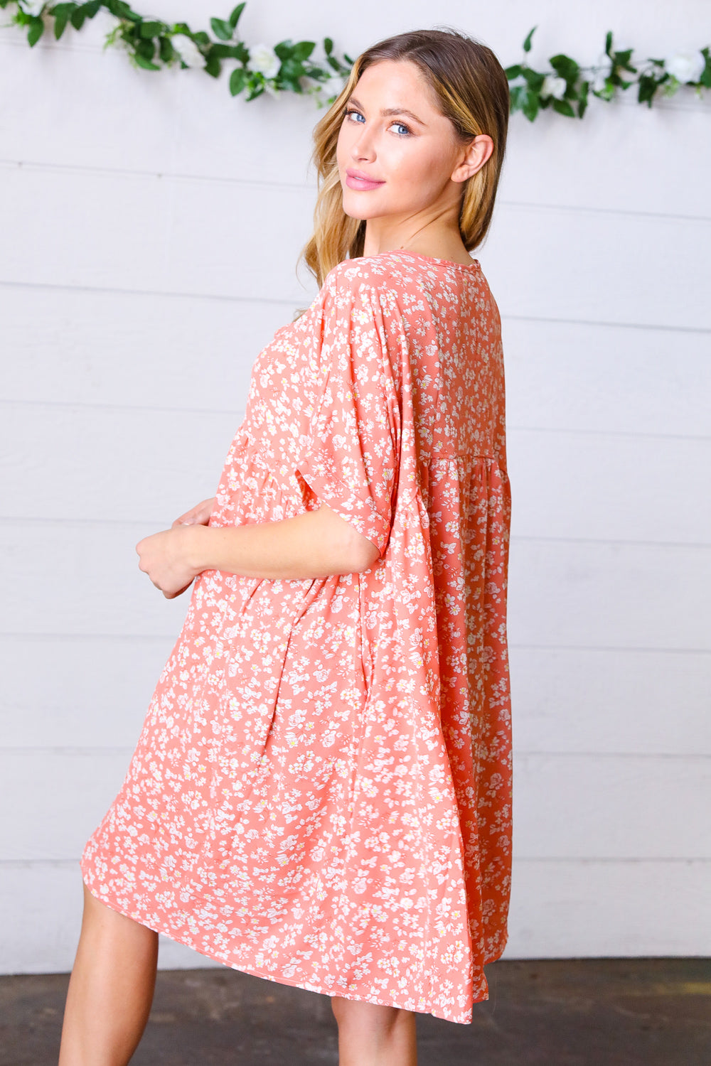 Peach Ditzy Floral Woven Dolman V Neck Dress | Nikki &amp; Co. Boutique
