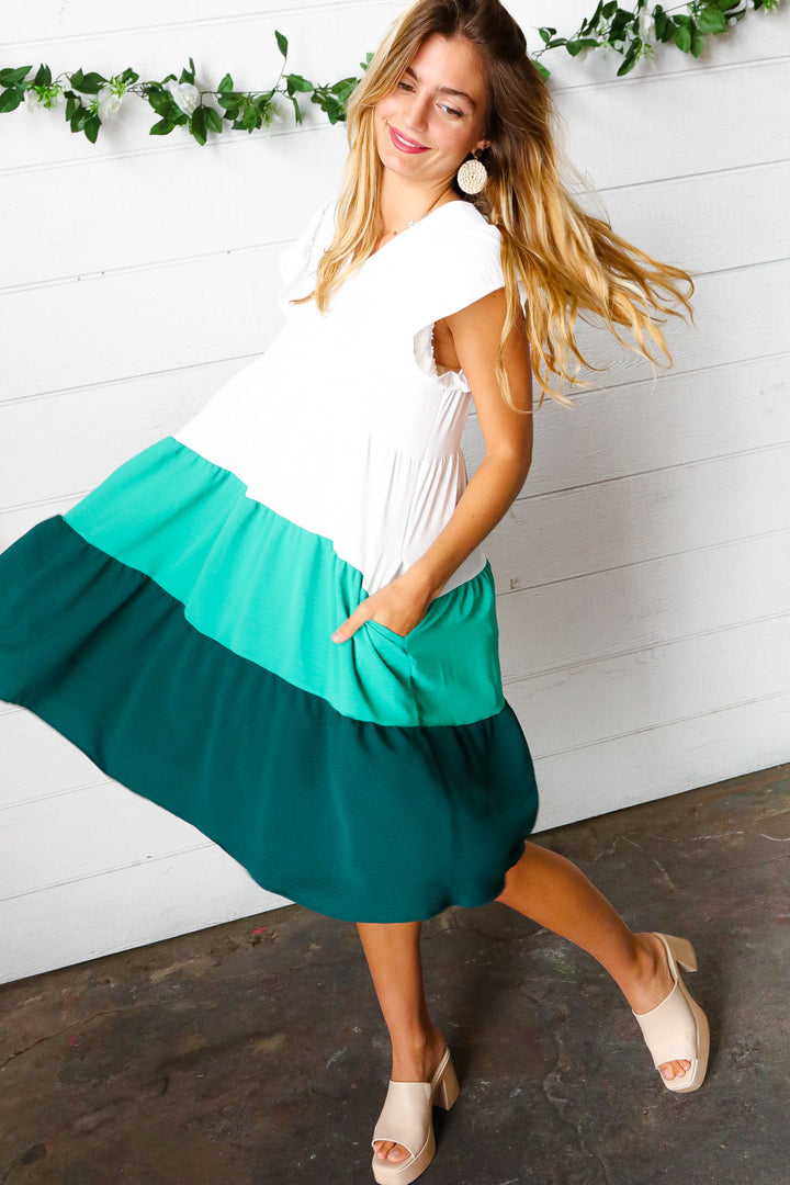 Seafoam &amp; Emerald Tiered Frill Sleeve Midi Dress | Nikki &amp; Co. Boutique