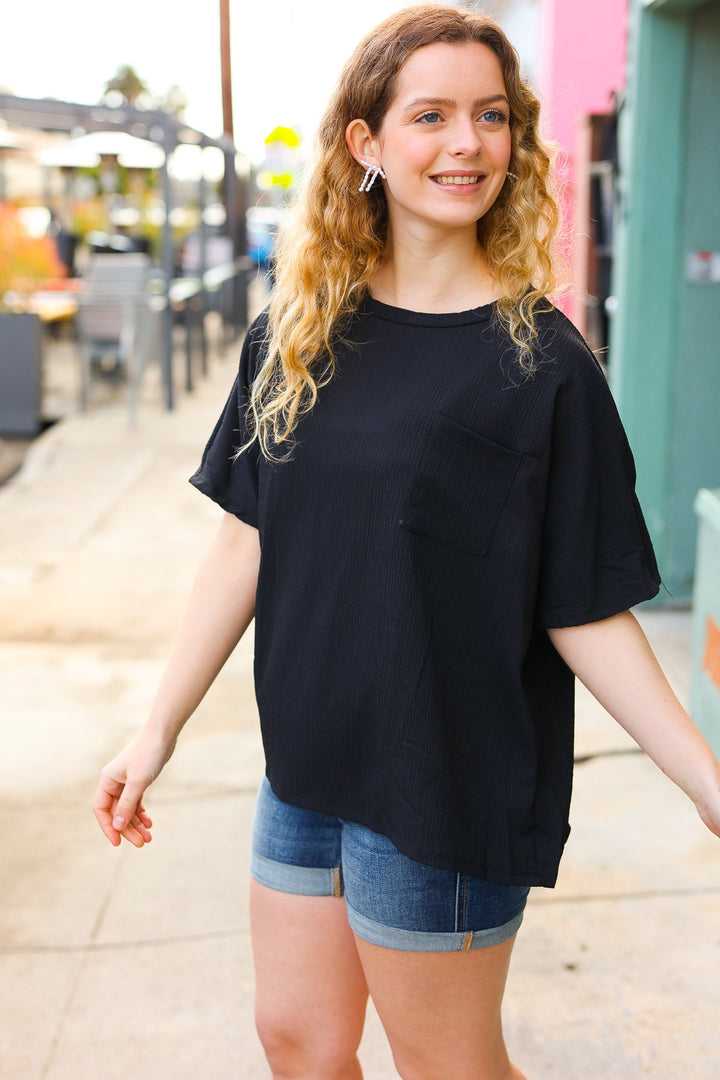 Be Bold Black Crinkle Texture Pocketed Dolman Tops | Nikki &amp; Co. Boutique