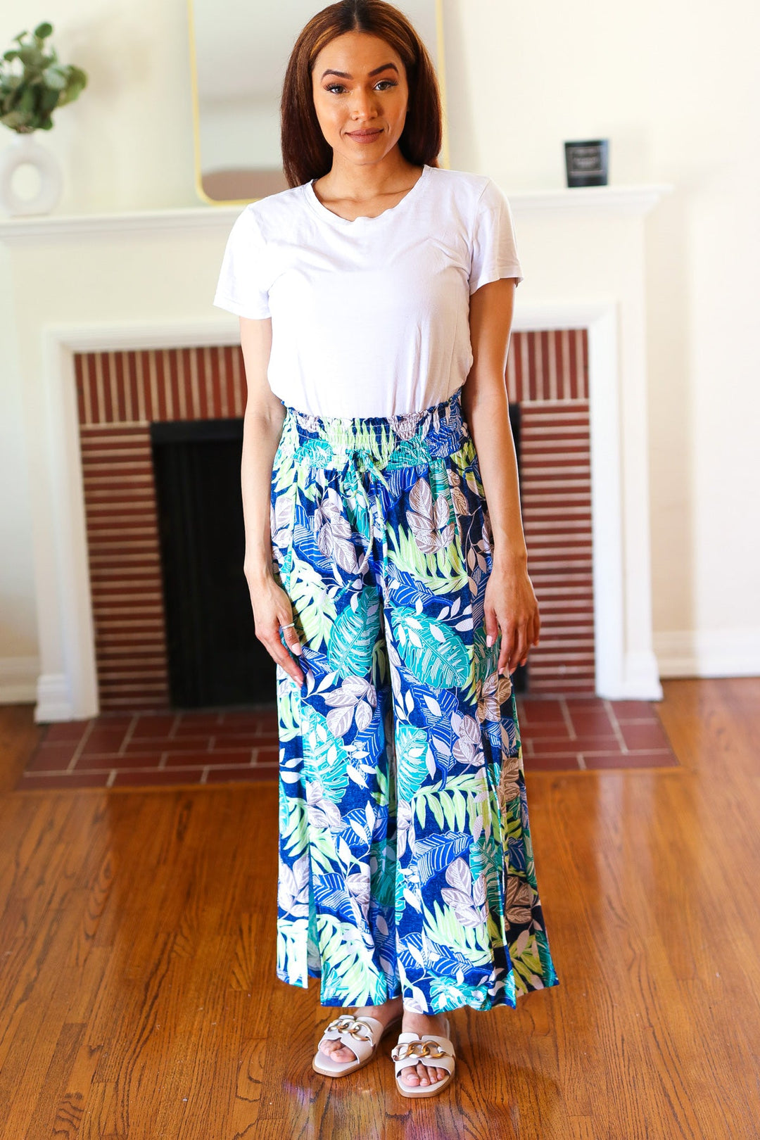 Tropical Boho Smocked Waist Side Slit Palazzo Pants | Nikki &amp; Co. Boutique