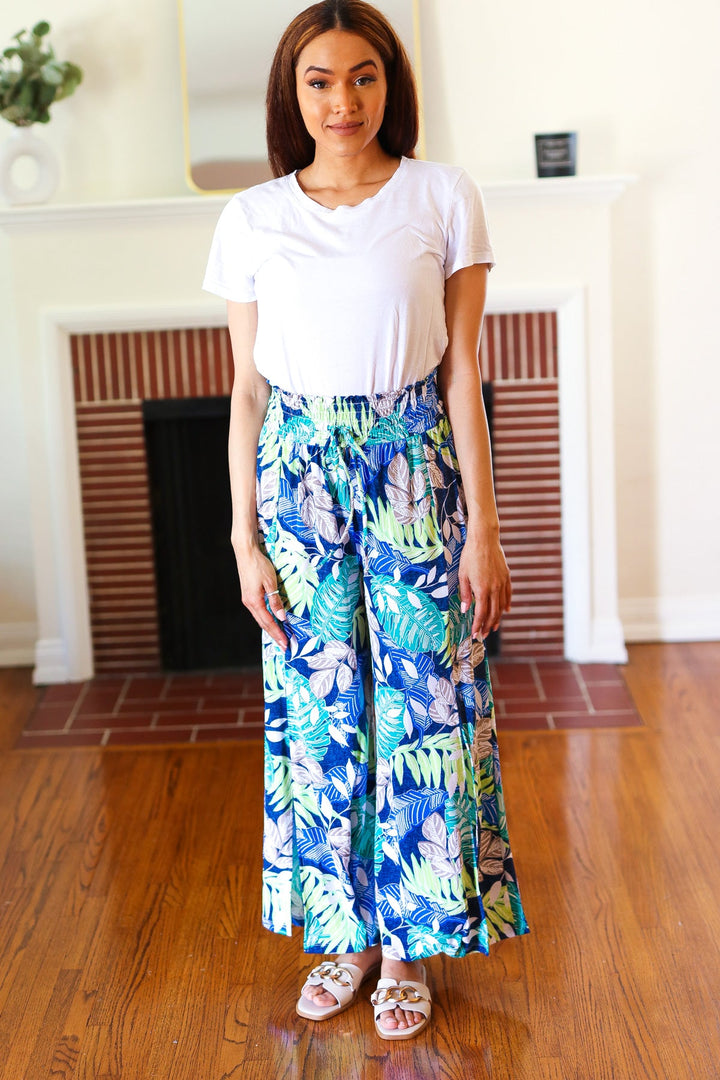 Tropical Boho Smocked Waist Side Slit Palazzo Pants | Nikki &amp; Co. Boutique