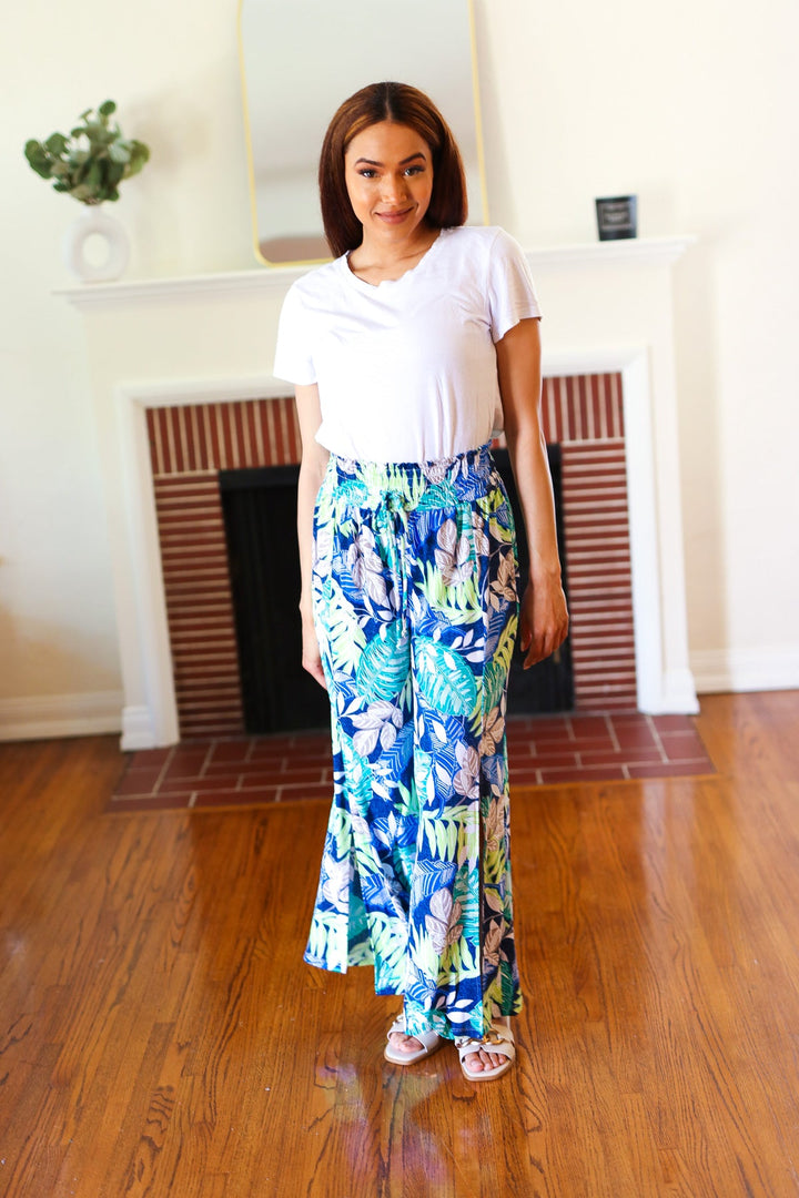 Tropical Boho Smocked Waist Side Slit Palazzo Pants | Nikki &amp; Co. Boutique