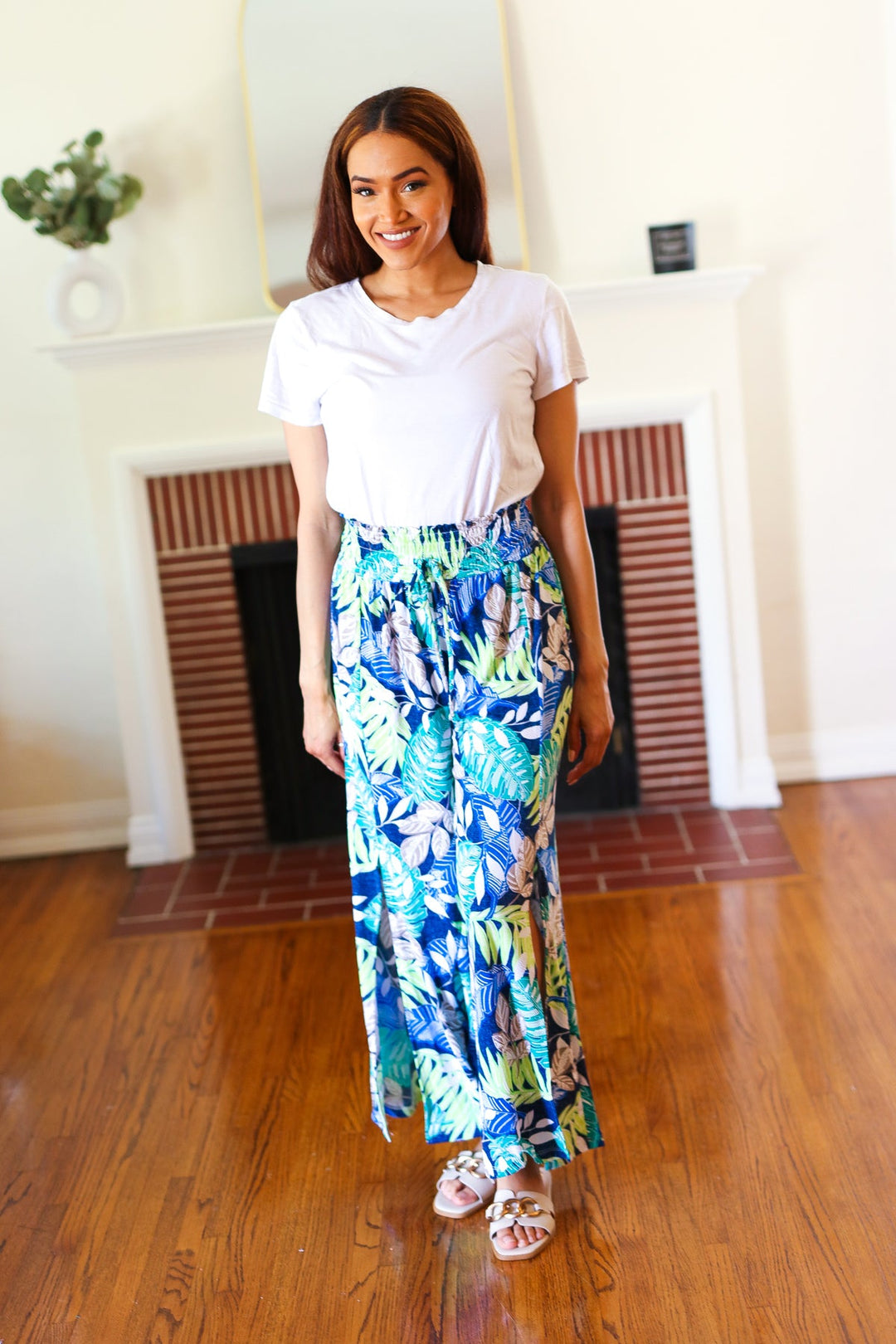 Tropical Boho Smocked Waist Side Slit Palazzo Pants | Nikki &amp; Co. Boutique