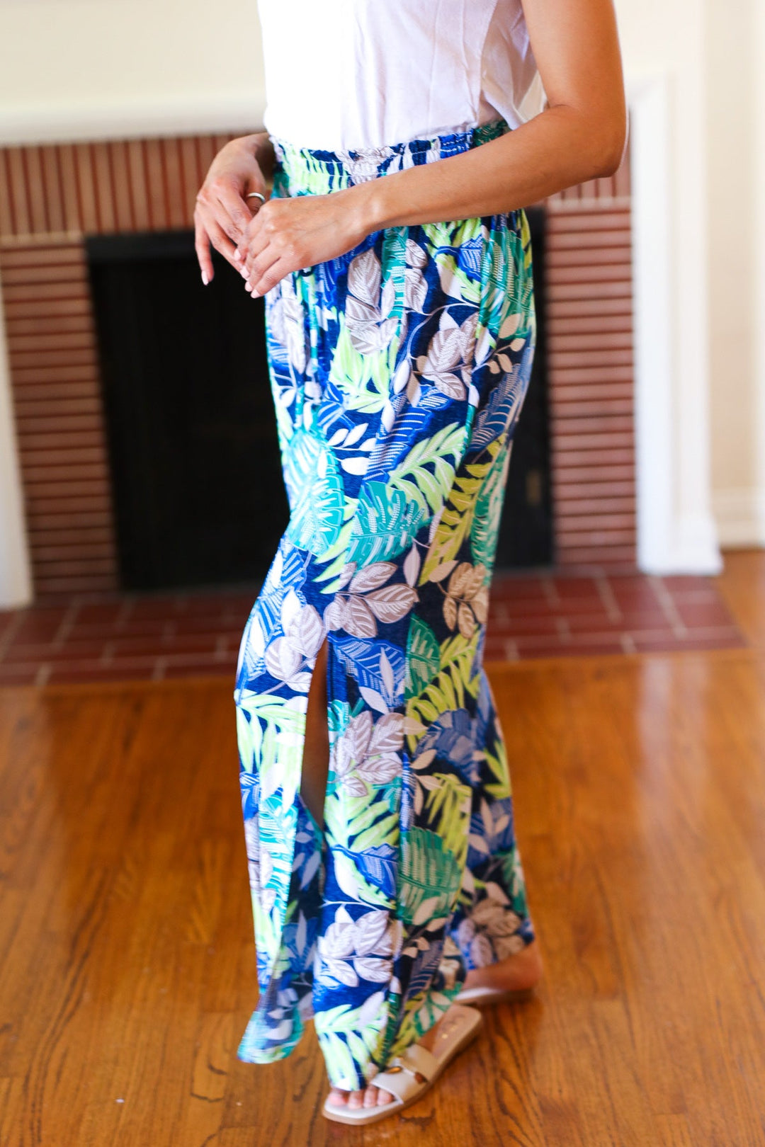 Tropical Boho Smocked Waist Side Slit Palazzo Pants | Nikki &amp; Co. Boutique