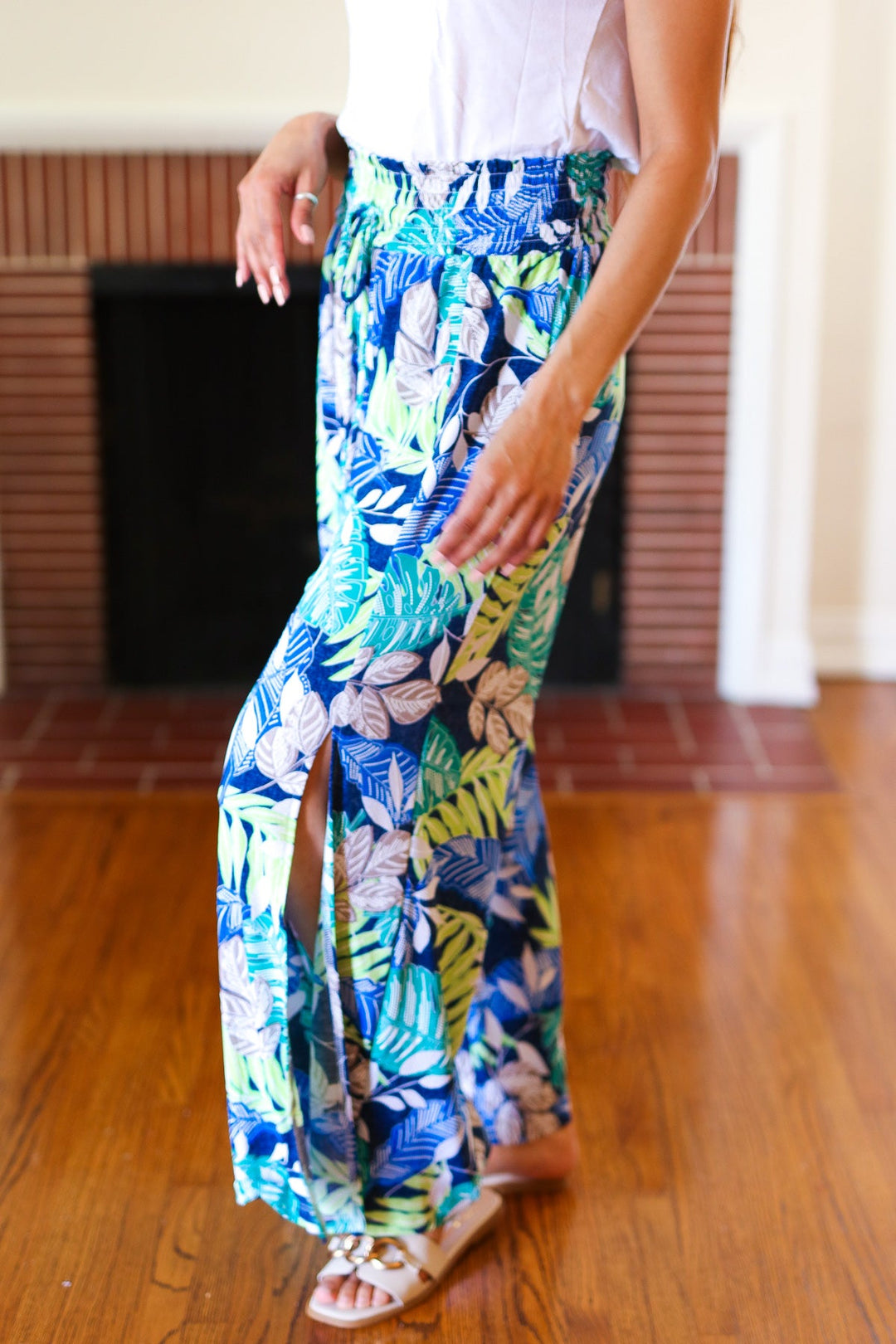 Tropical Boho Smocked Waist Side Slit Palazzo Pants | Nikki &amp; Co. Boutique
