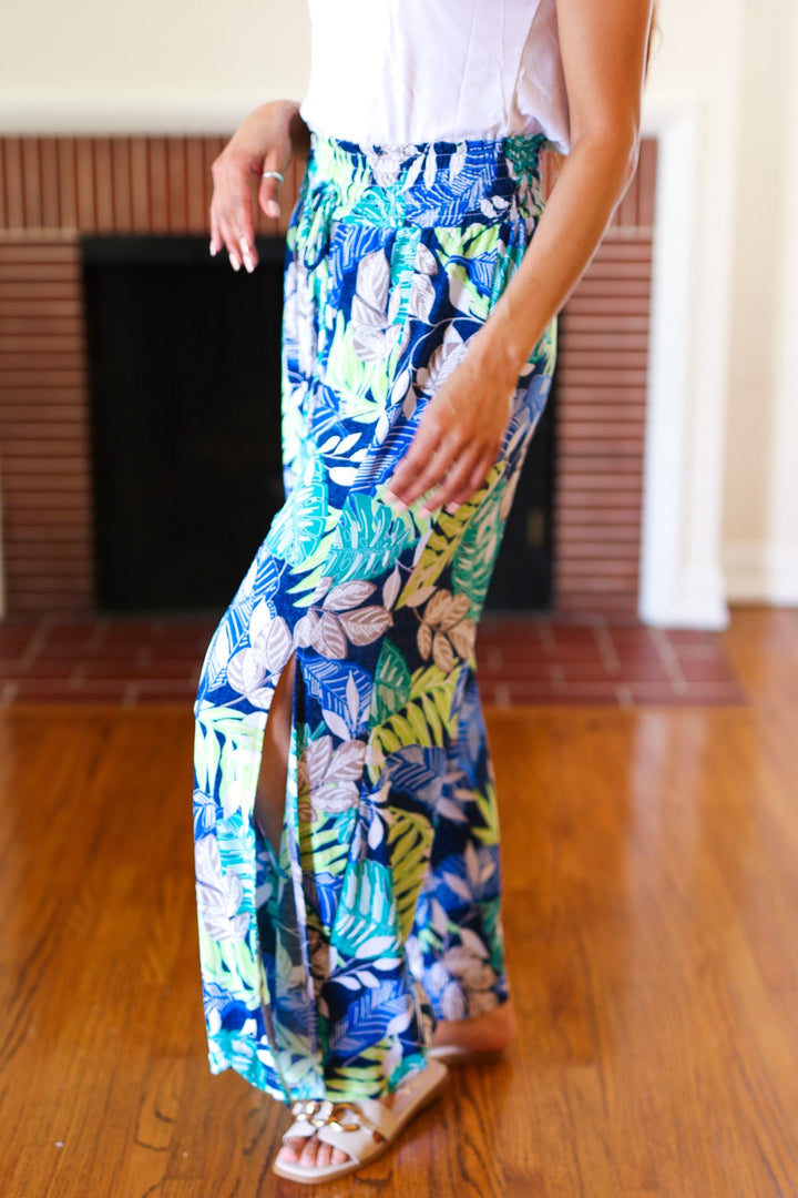 Tropical Boho Smocked Waist Side Slit Palazzo Pants | Nikki &amp; Co. Boutique