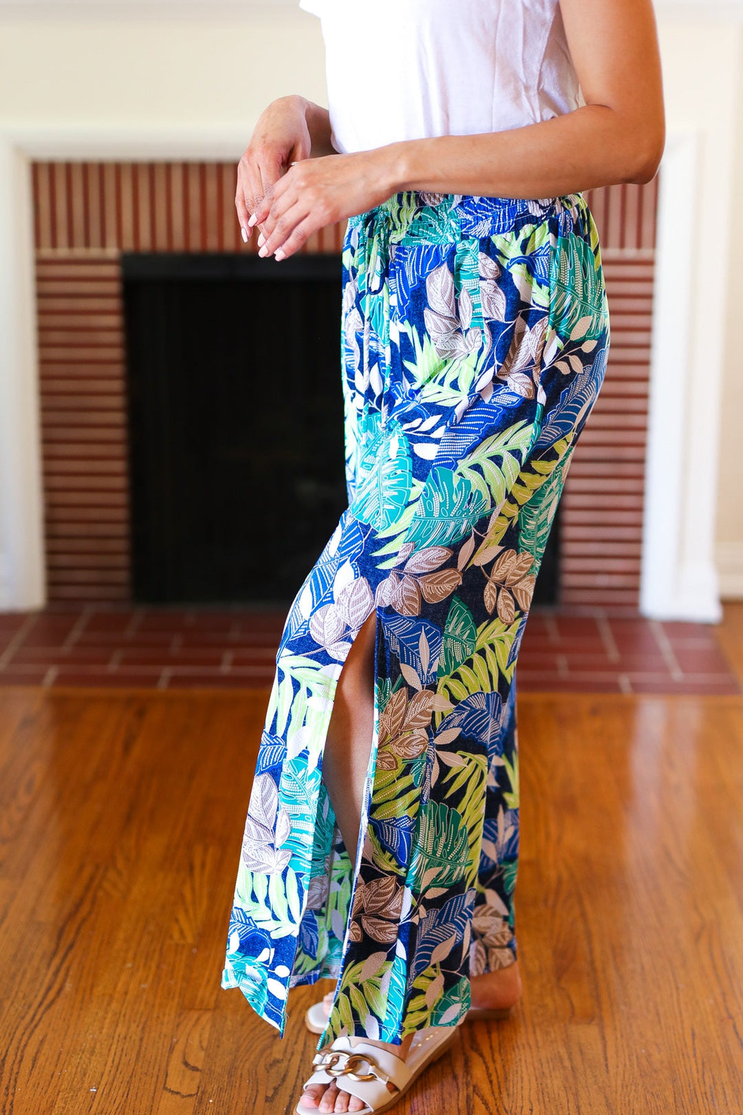 Tropical Boho Smocked Waist Side Slit Palazzo Pants | Nikki & Co. Boutique