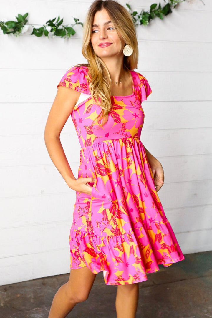 Fuchsia &amp; Orange Tropical Floral Square Neck Dress | Nikki &amp; Co. Boutique