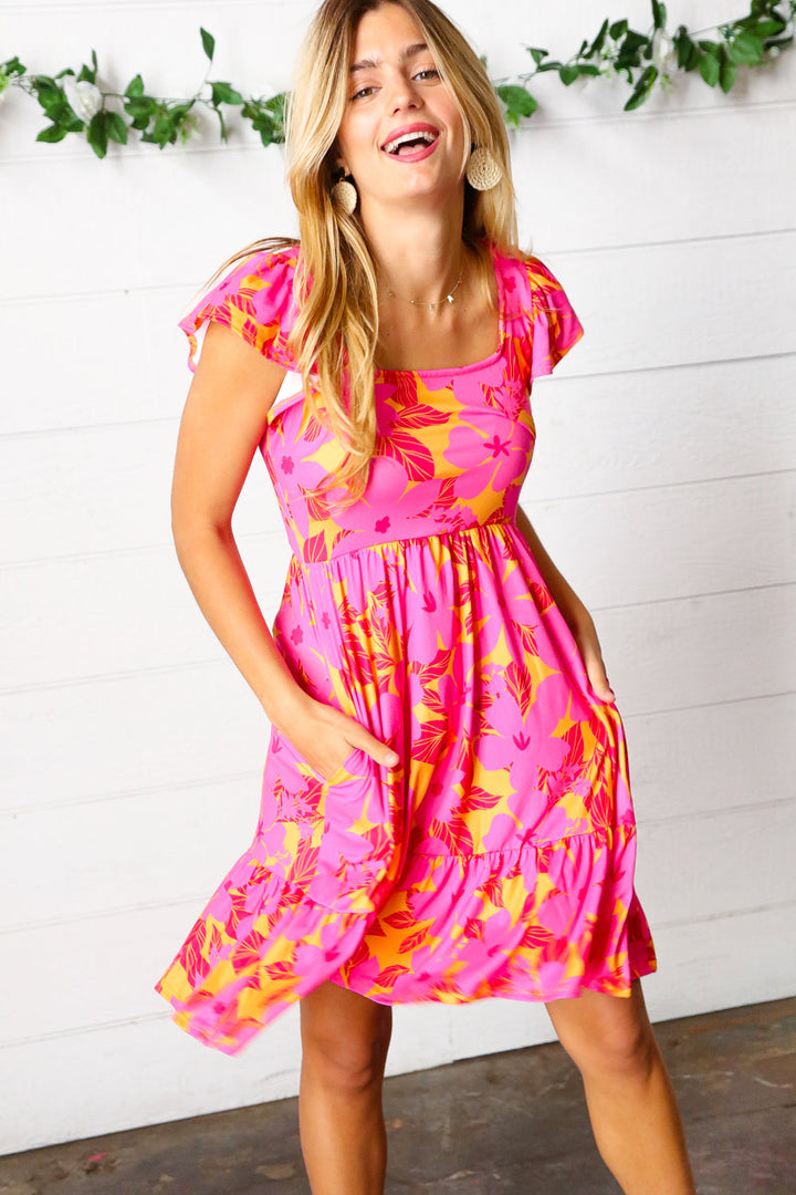Fuchsia &amp; Orange Tropical Floral Square Neck Dress | Nikki &amp; Co. Boutique