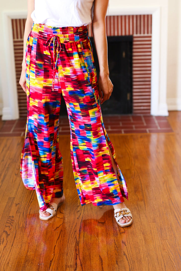 Vacay Vibes Kaleidoscope Smocked Waist Side Slit Palazzo Pants | Nikki &amp; Co. Boutique