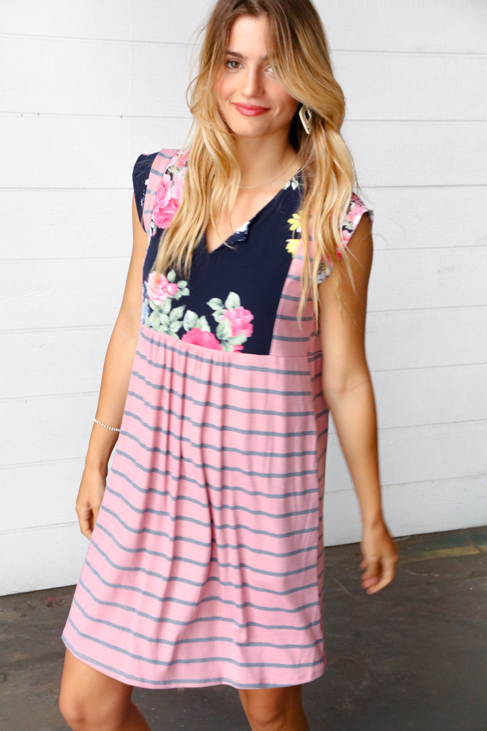 Pink Floral &amp; Striped Yoke Babydoll Dress | Nikki &amp; Co. Boutique