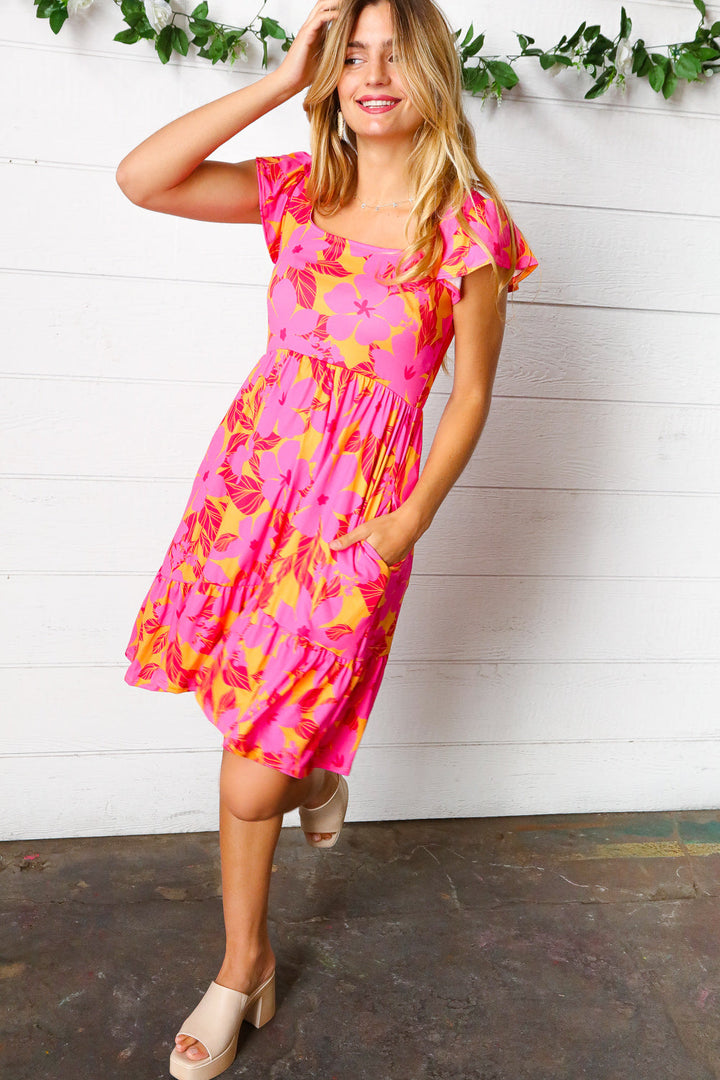 Fuchsia &amp; Orange Tropical Floral Square Neck Dress | Nikki &amp; Co. Boutique