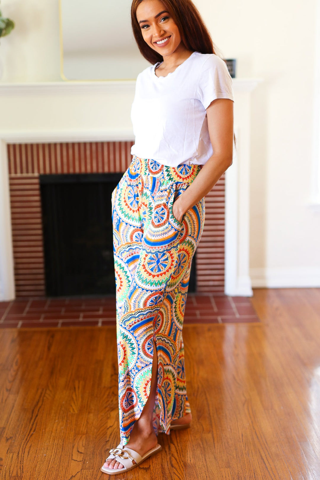 Multicolor Mandala Smocked Waist Side Slit Palazzo Pants | Nikki & Co. Boutique