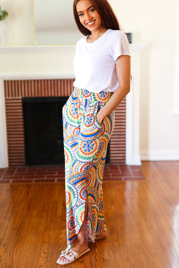 Multicolor Mandala Smocked Waist Side Slit Palazzo Pants | Nikki &amp; Co. Boutique