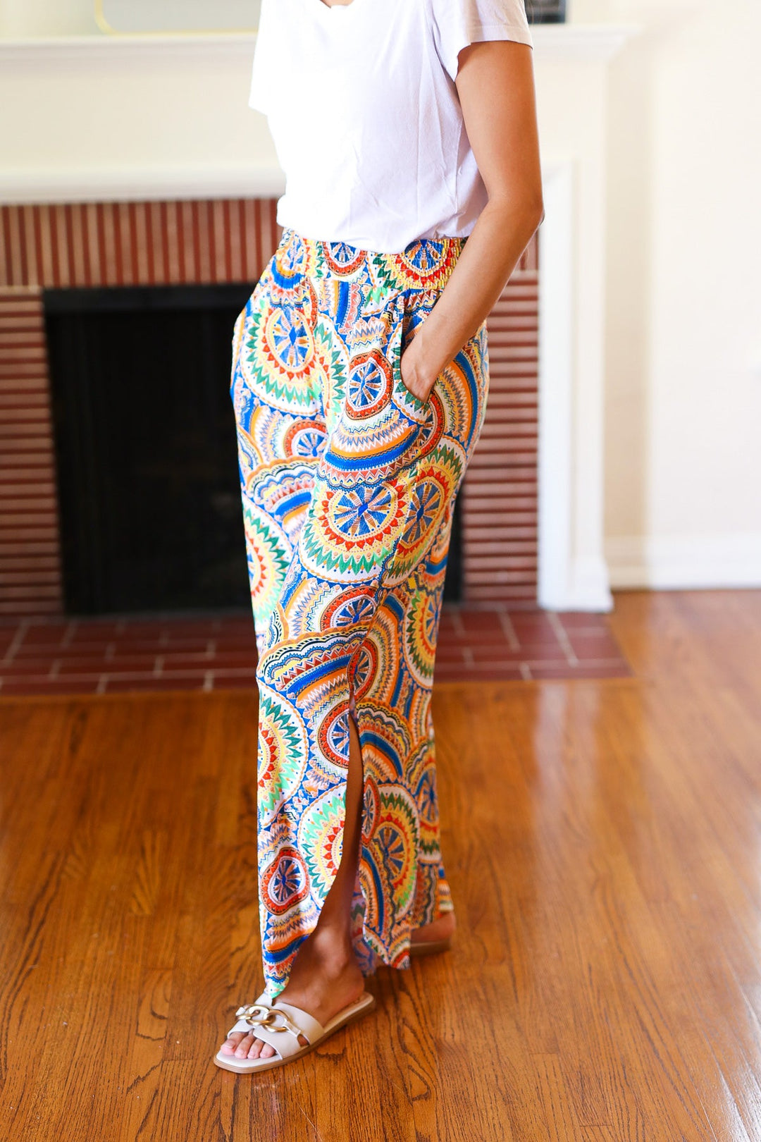 Multicolor Mandala Smocked Waist Side Slit Palazzo Pants | Nikki &amp; Co. Boutique