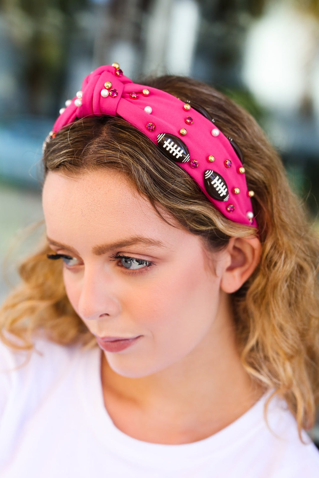 Fuchsia Stone & Gem Football Embellished Top Knot Headband | Nikki & Co. Boutique