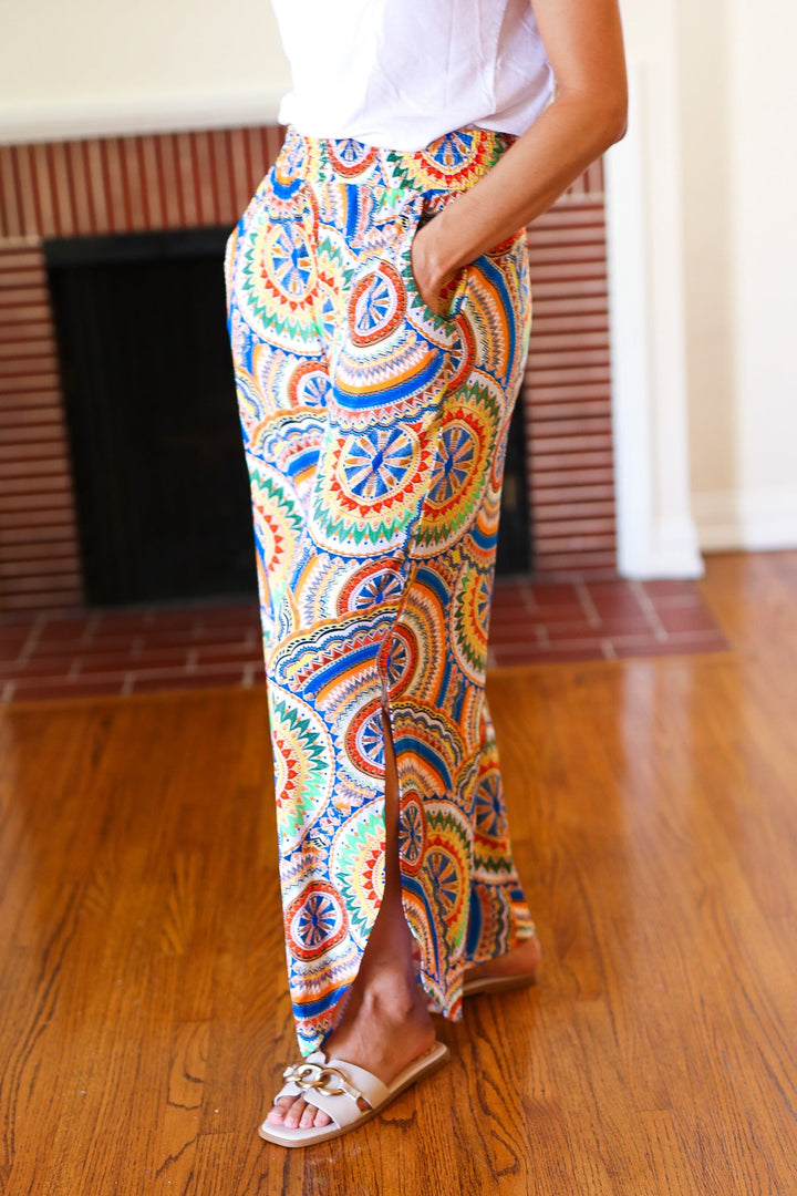 Multicolor Mandala Smocked Waist Side Slit Palazzo Pants | Nikki &amp; Co. Boutique