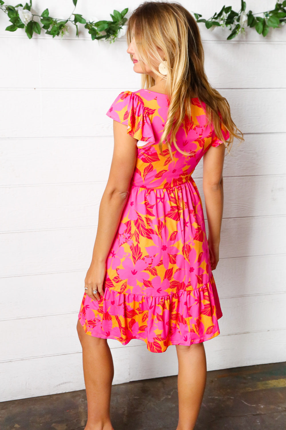 Fuchsia &amp; Orange Tropical Floral Square Neck Dress | Nikki &amp; Co. Boutique