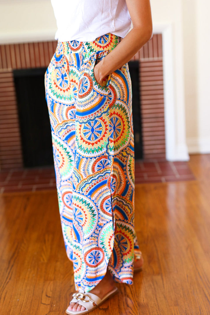 Multicolor Mandala Smocked Waist Side Slit Palazzo Pants | Nikki &amp; Co. Boutique