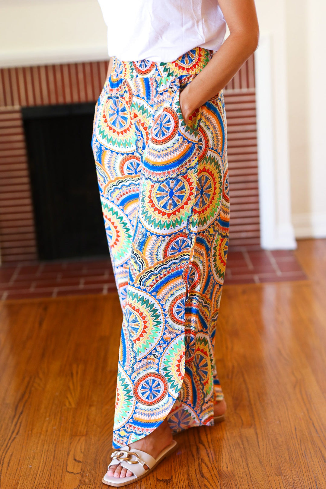 Multicolor Mandala Smocked Waist Side Slit Palazzo Pants | Nikki &amp; Co. Boutique