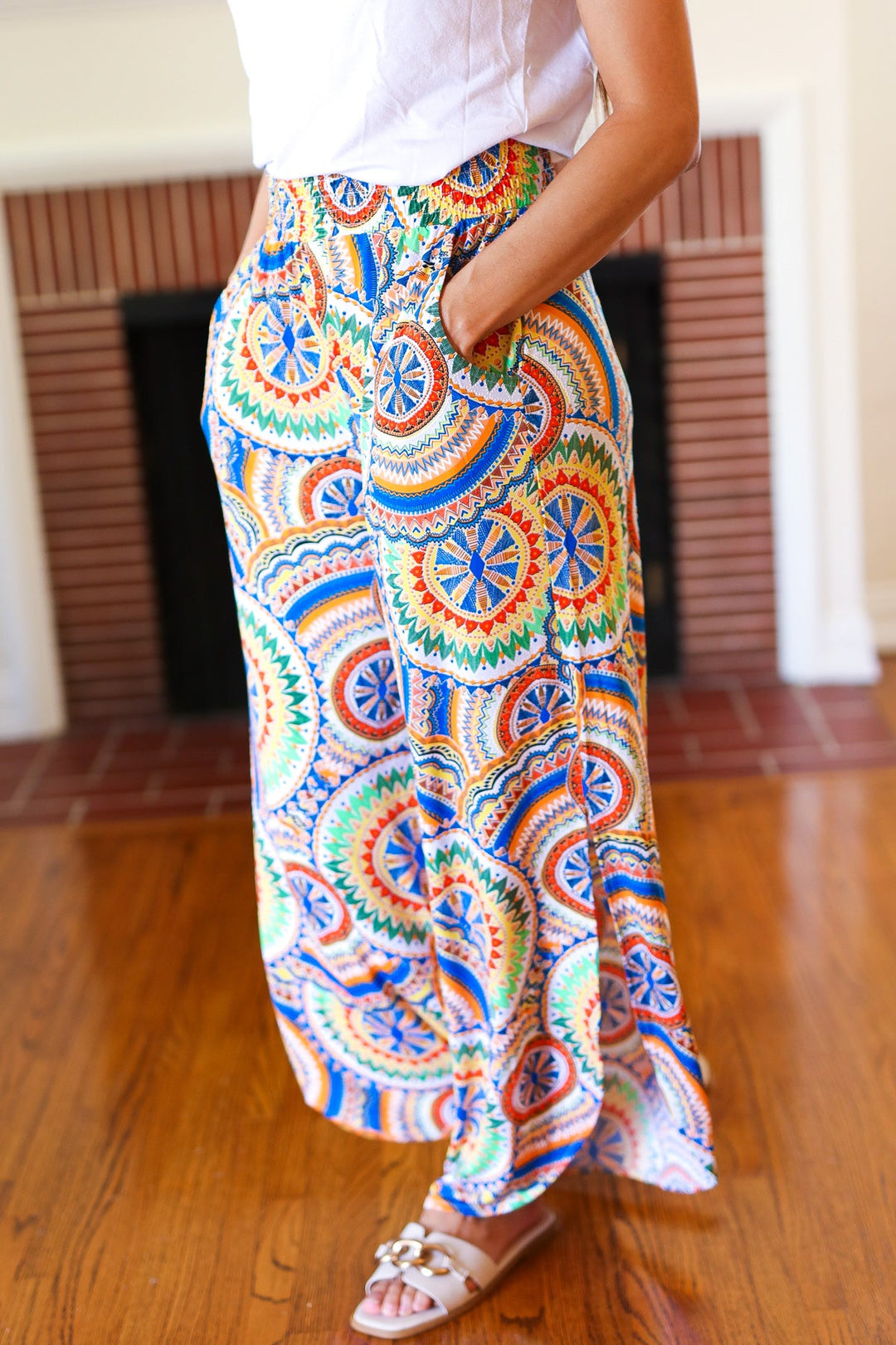 Multicolor Mandala Smocked Waist Side Slit Palazzo Pants | Nikki &amp; Co. Boutique