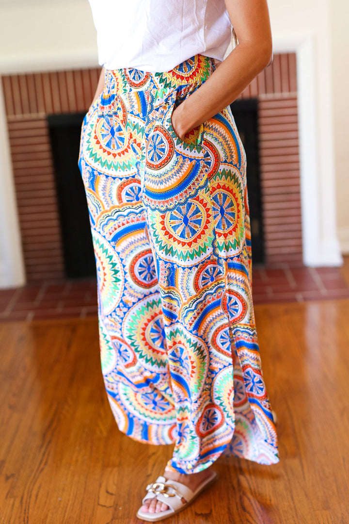 Multicolor Mandala Smocked Waist Side Slit Palazzo Pants | Nikki &amp; Co. Boutique
