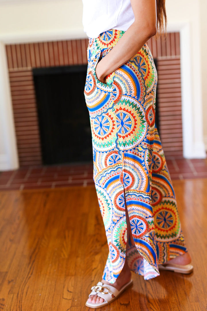 Multicolor Mandala Smocked Waist Side Slit Palazzo Pants | Nikki &amp; Co. Boutique
