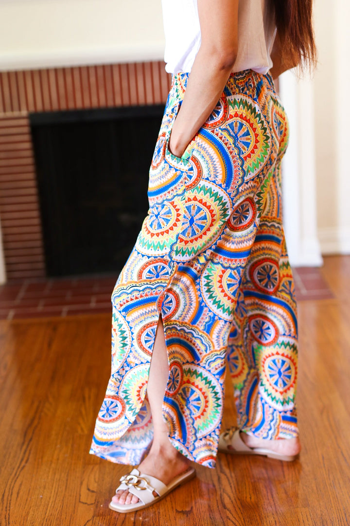 Multicolor Mandala Smocked Waist Side Slit Palazzo Pants | Nikki &amp; Co. Boutique