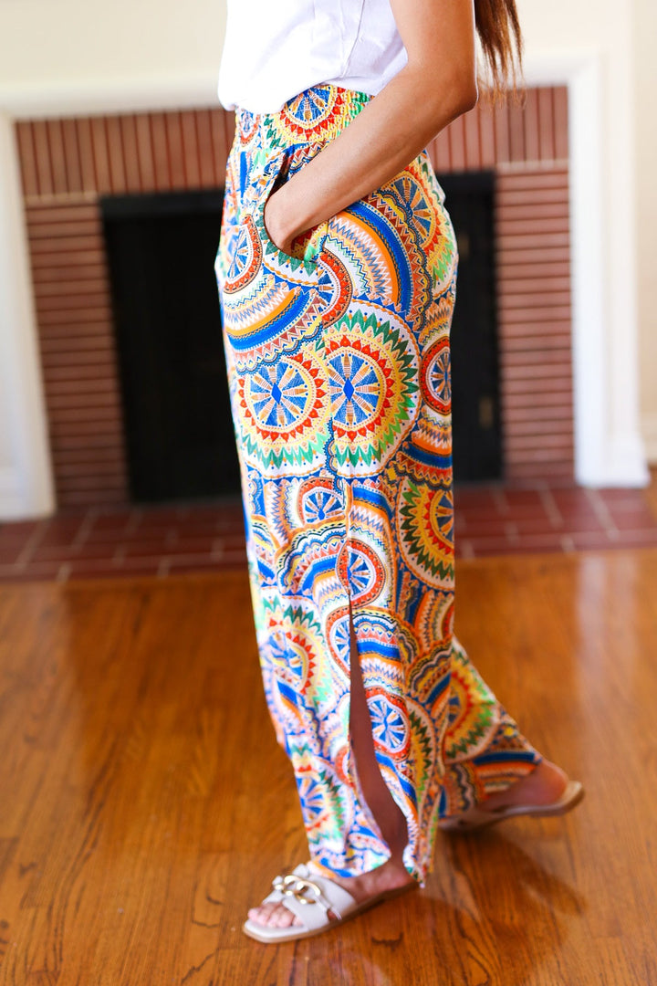 Multicolor Mandala Smocked Waist Side Slit Palazzo Pants | Nikki &amp; Co. Boutique