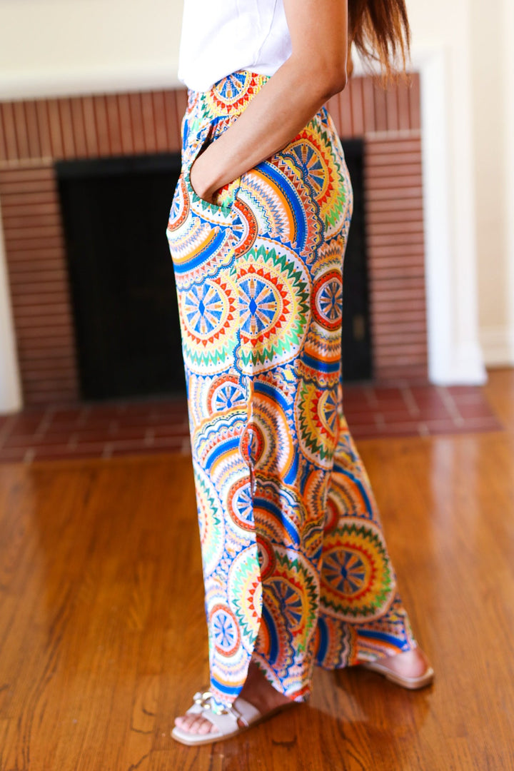 Multicolor Mandala Smocked Waist Side Slit Palazzo Pants | Nikki &amp; Co. Boutique