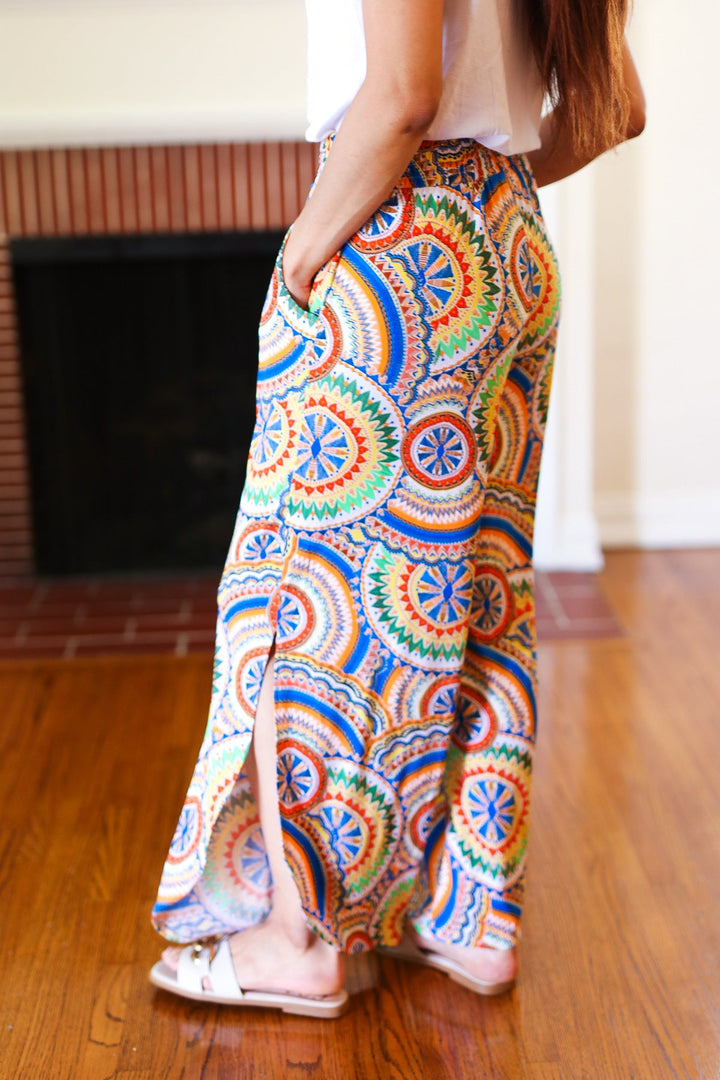 Multicolor Mandala Smocked Waist Side Slit Palazzo Pants | Nikki &amp; Co. Boutique