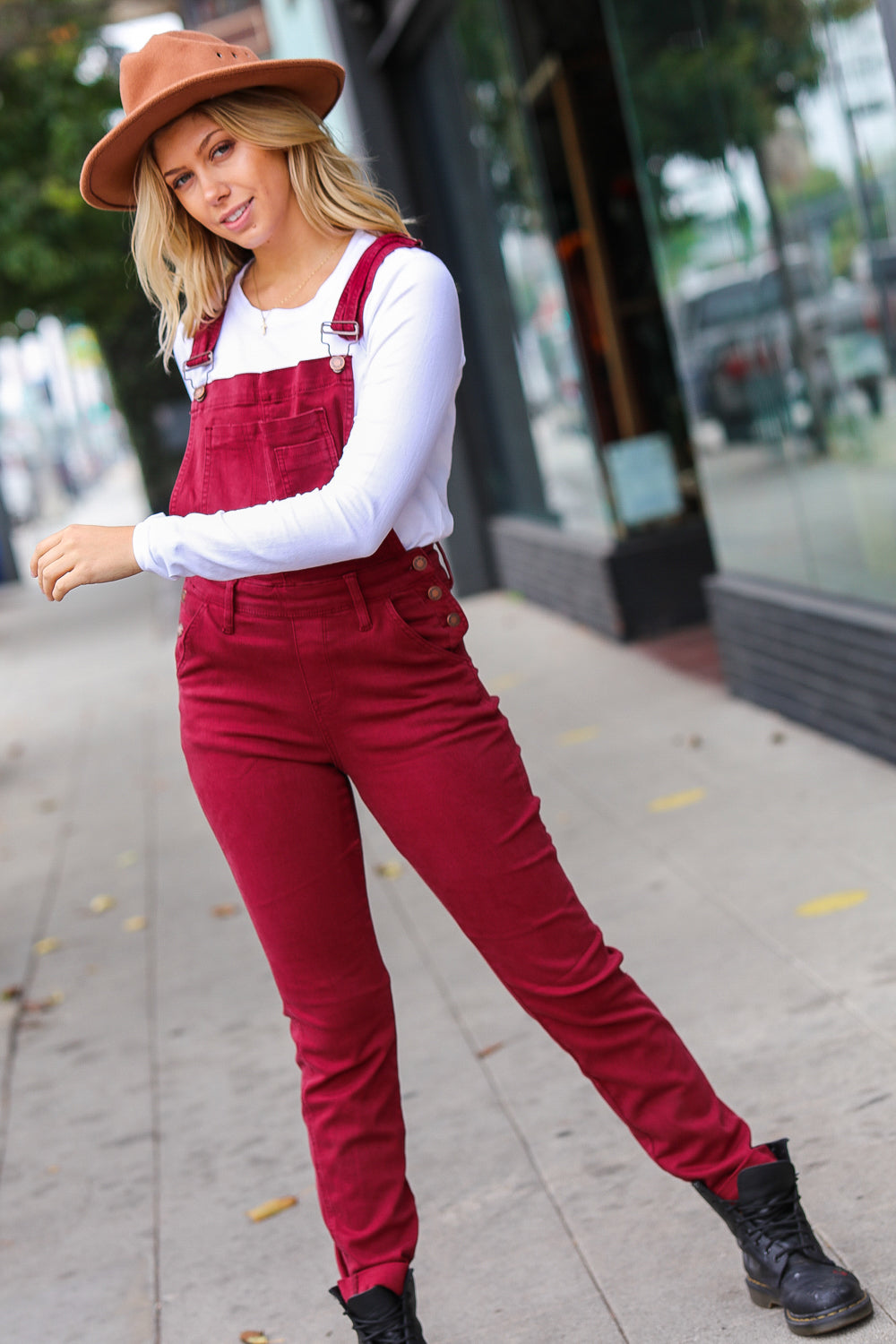 Scarlet High Waist Denim Double Cuff Overalls | Nikki &amp; Co. Boutique