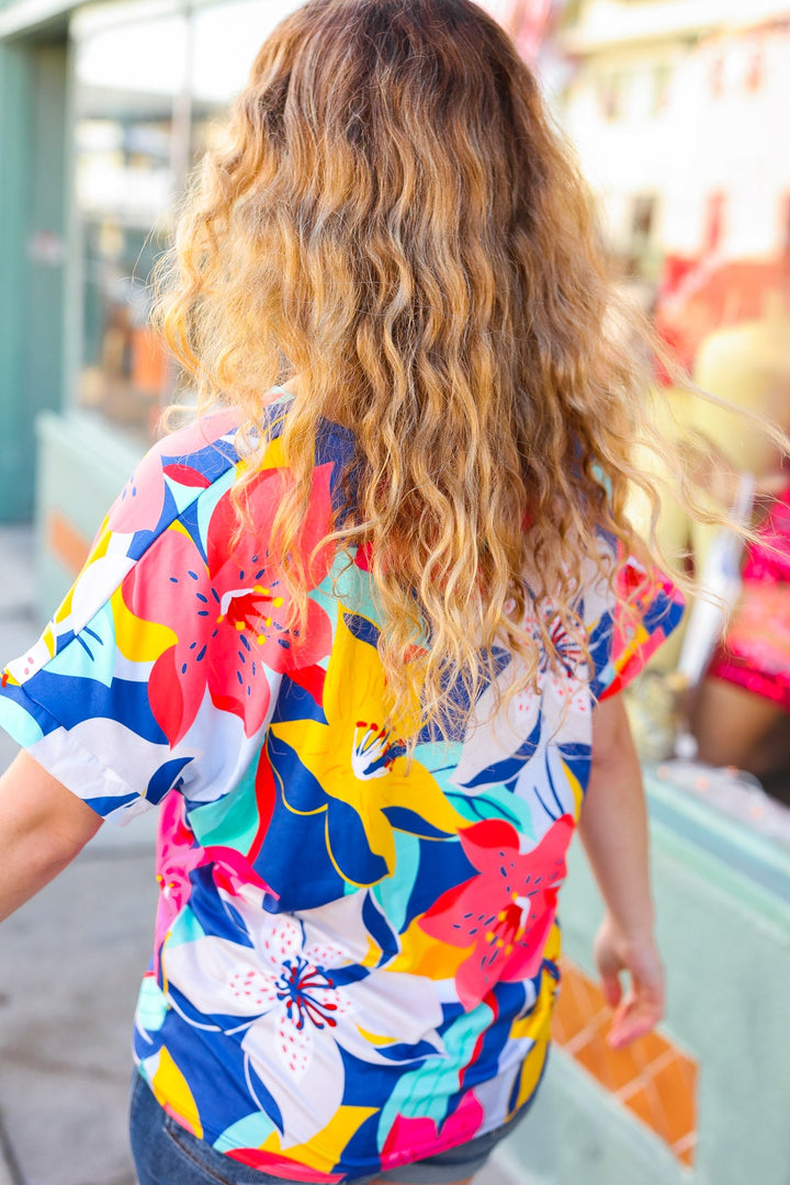 Navy &amp; Yellow Tropical Floral V Neck Tops | Nikki &amp; Co. Boutique