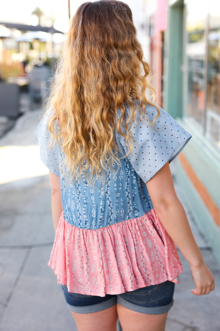Blue &amp; Pink Polka Dot Floral Tie Front Babydoll Tops - Nikki &amp; Co. Boutique