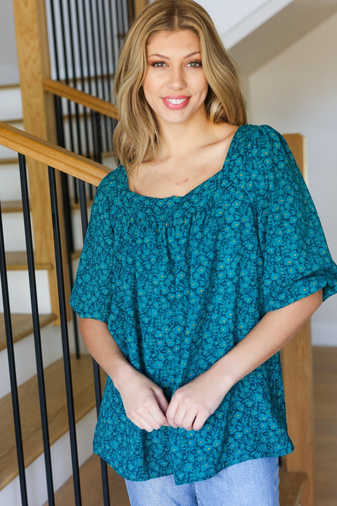 Perfectly You Teal Floral Three Quarter Sleeve Square Neck Tops - Nikki &amp; Co. Boutique