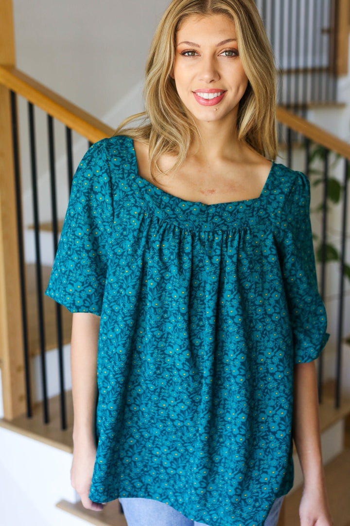 Perfectly You Teal Floral Three Quarter Sleeve Square Neck Tops - Nikki &amp; Co. Boutique
