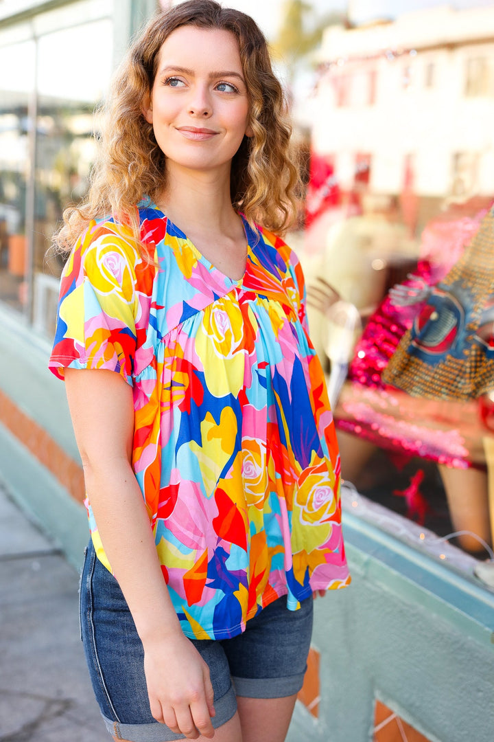 Orange &amp; Yellow Geometric Floral V Neck Dolman Tops | Nikki &amp; Co. Boutique