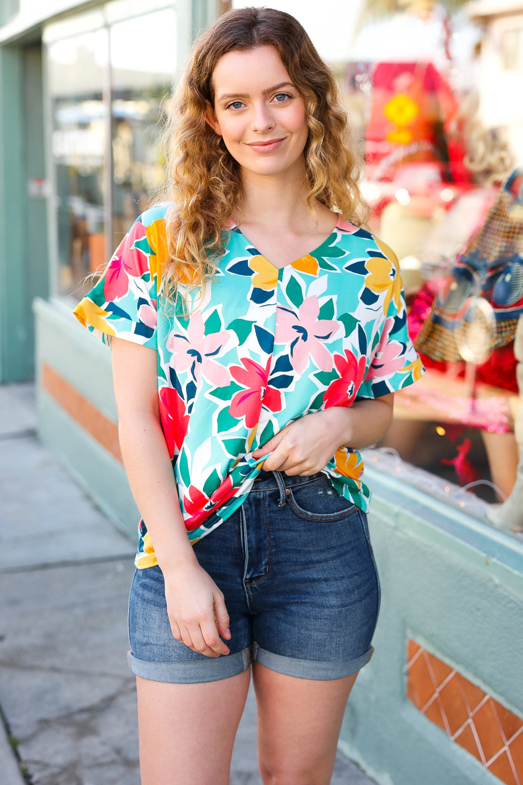 Teal &amp; Coral Flat Floral V Neck Tops | Nikki &amp; Co. Boutique