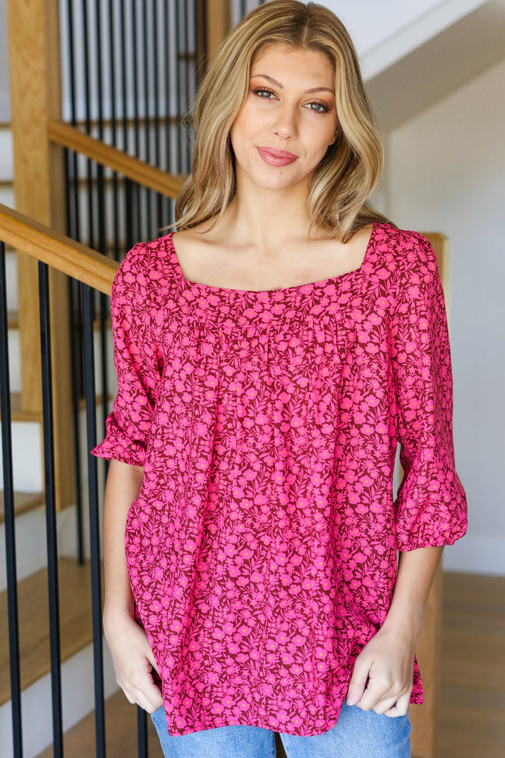 Perfectly You Fuchsia Floral Three Quarter Sleeve Square Neck Tops | Nikki &amp; Co. Boutique