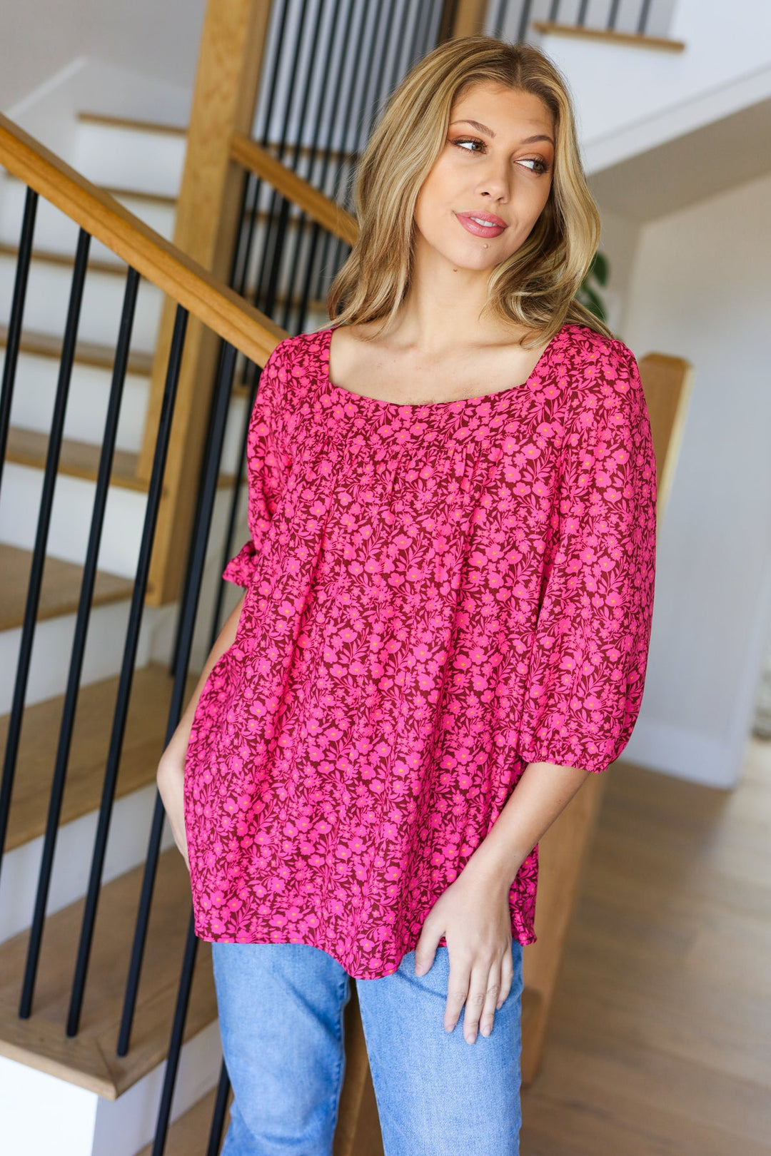 Perfectly You Fuchsia Floral Three Quarter Sleeve Square Neck Tops | Nikki &amp; Co. Boutique