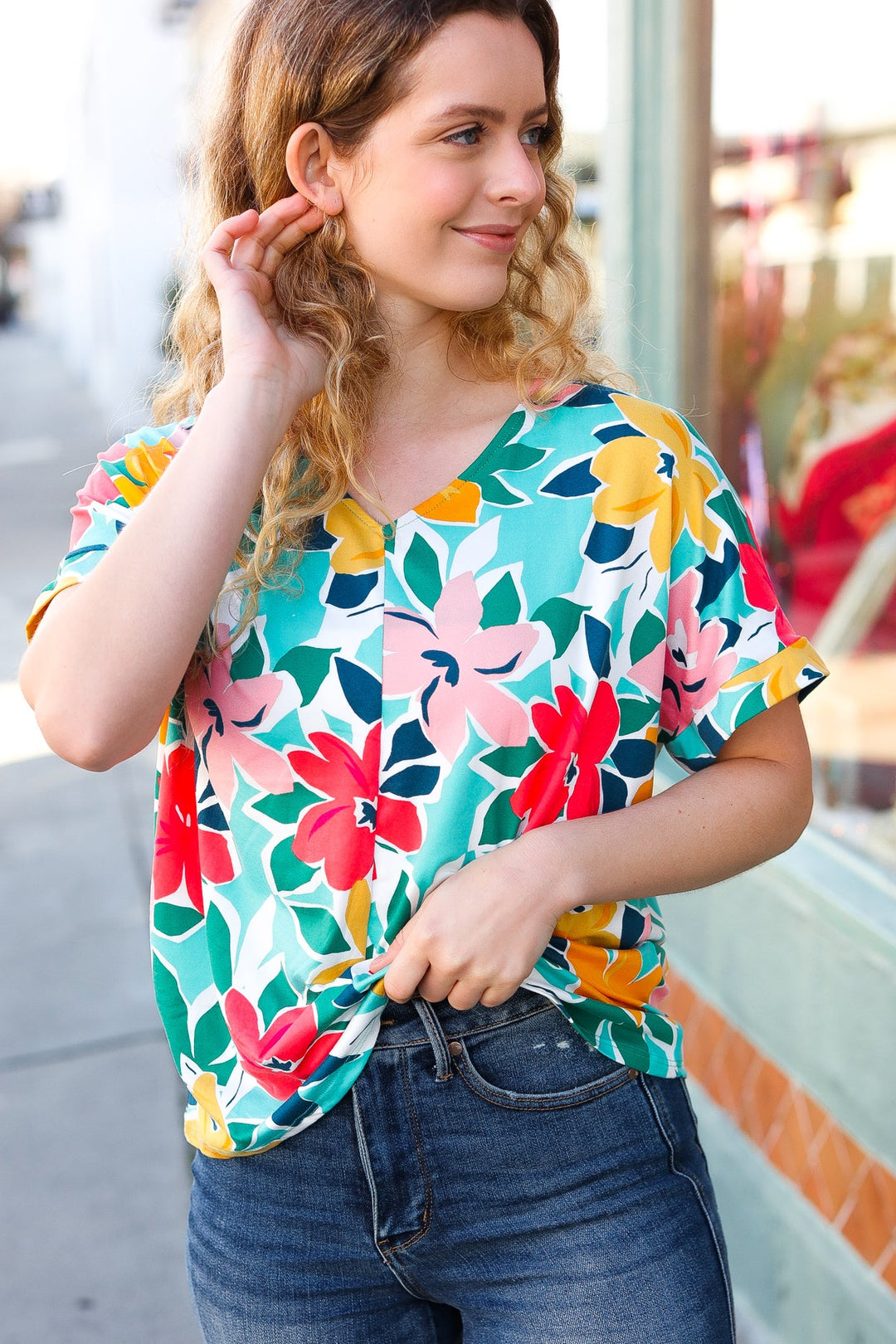 Teal &amp; Coral Flat Floral V Neck Tops | Nikki &amp; Co. Boutique