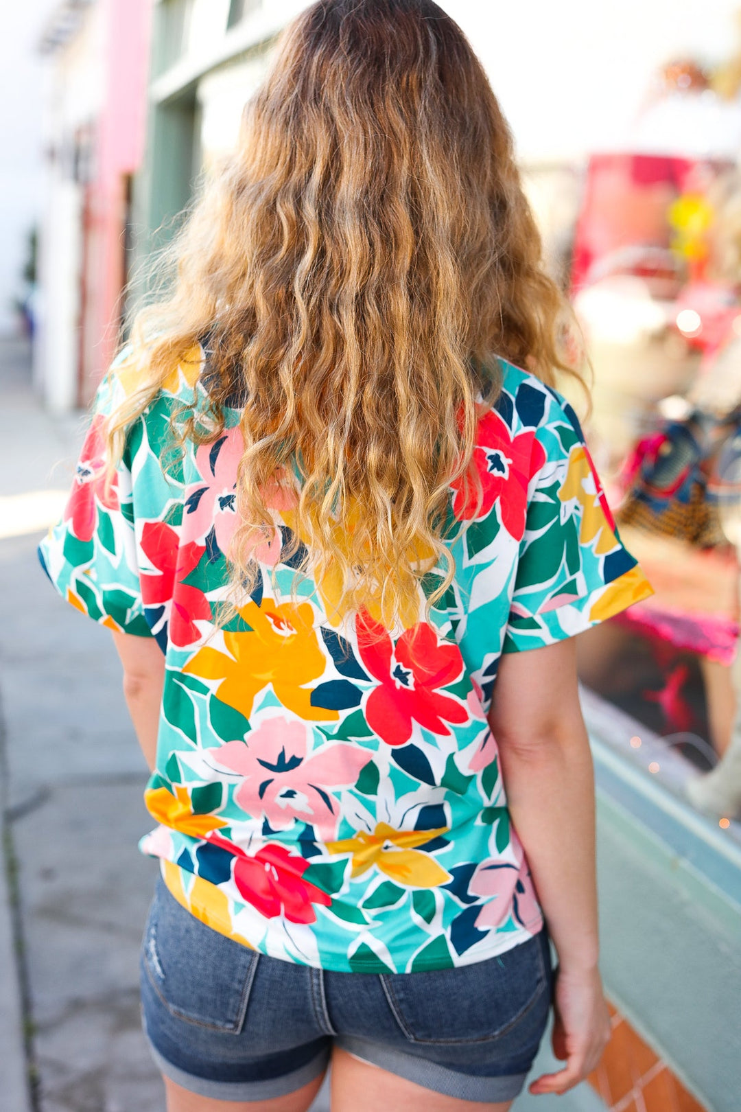 Teal &amp; Coral Flat Floral V Neck Tops | Nikki &amp; Co. Boutique
