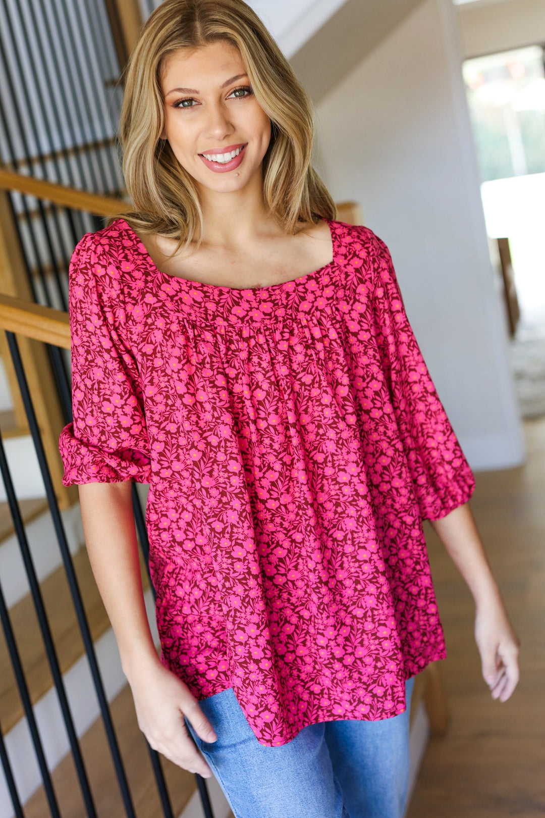 Perfectly You Fuchsia Floral Three Quarter Sleeve Square Neck Tops | Nikki &amp; Co. Boutique
