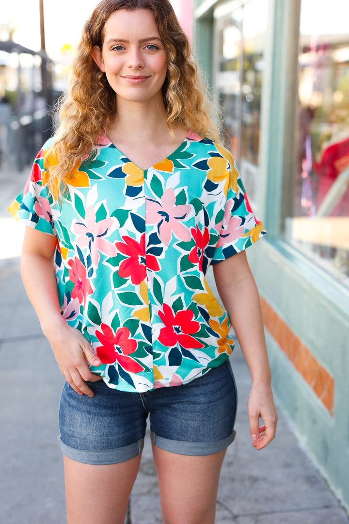 Teal &amp; Coral Flat Floral V Neck Tops | Nikki &amp; Co. Boutique