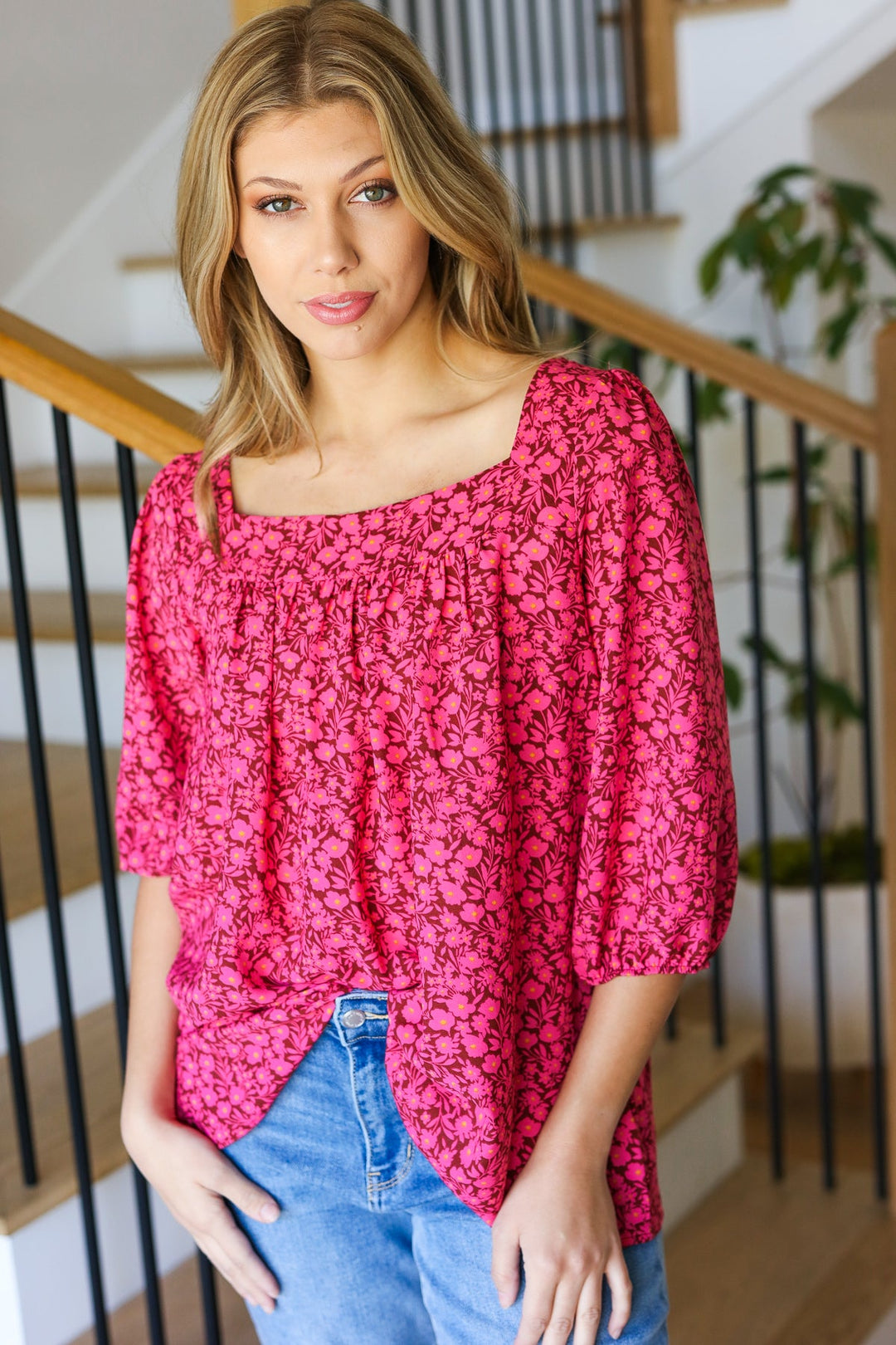 Perfectly You Fuchsia Floral Three Quarter Sleeve Square Neck Tops | Nikki &amp; Co. Boutique