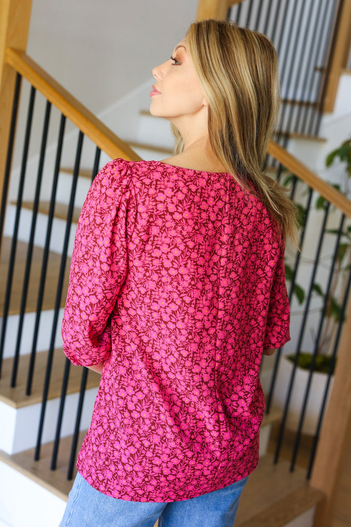 Perfectly You Fuchsia Floral Three Quarter Sleeve Square Neck Tops | Nikki &amp; Co. Boutique