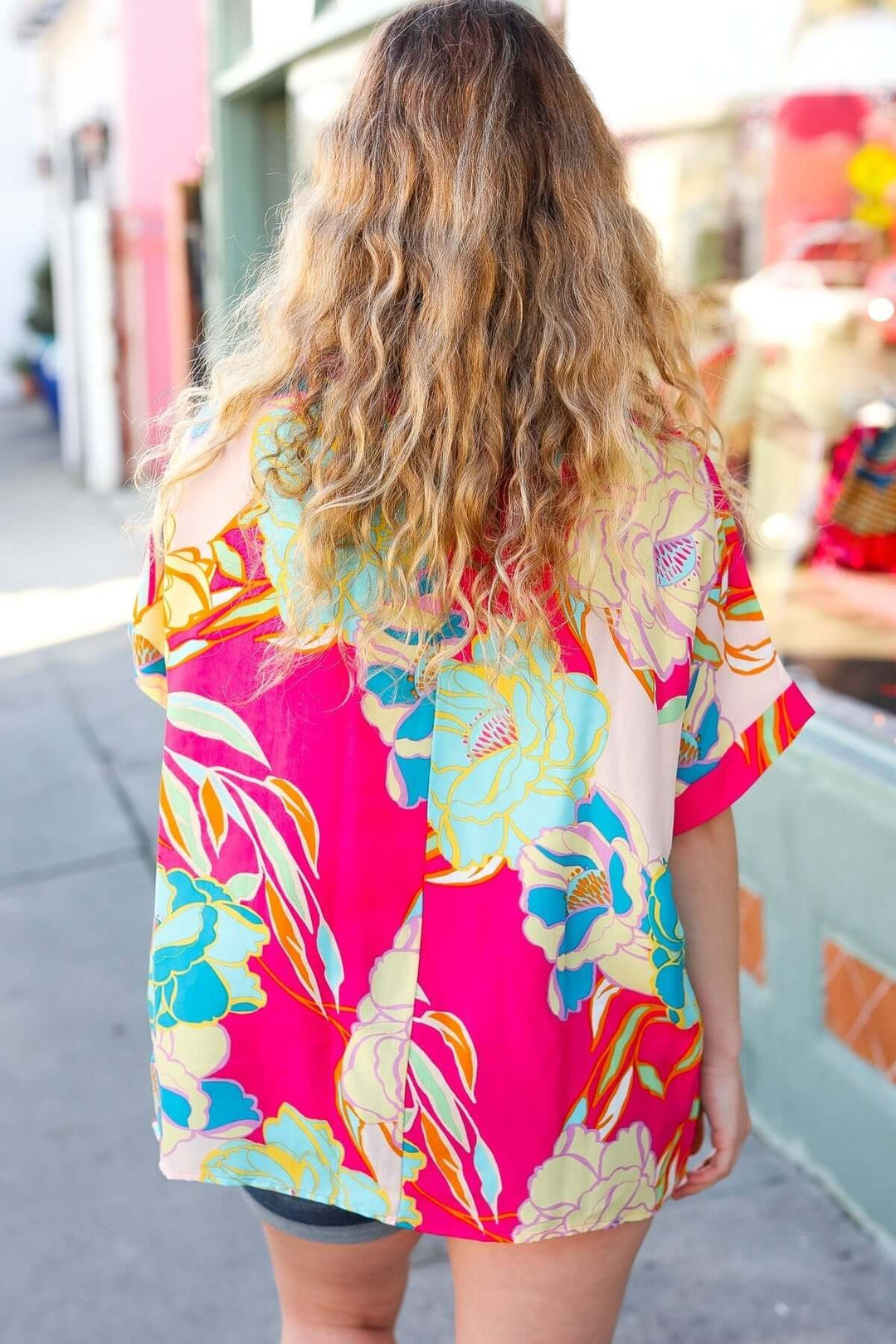 Fuchsia Floral Print Woven V Neck Top - Nikki &amp; Co. Boutique