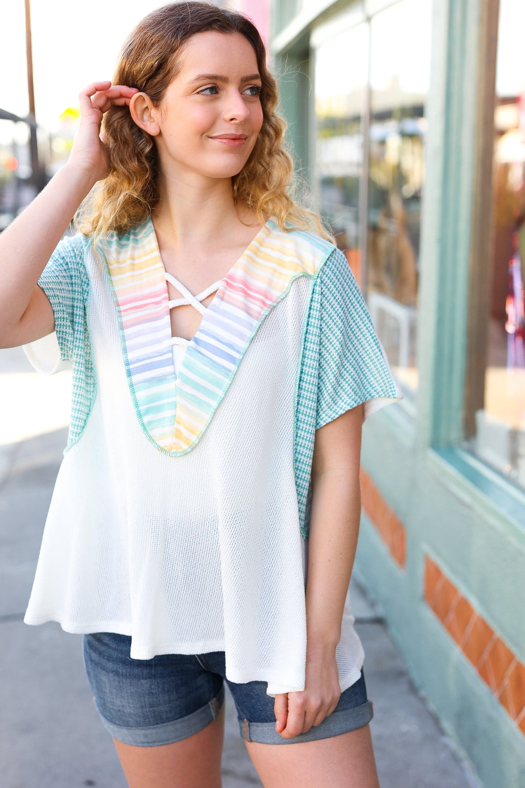 Cream Multi Stripe Lace Up Neck Color Block Tops | Nikki &amp; Co. Boutique