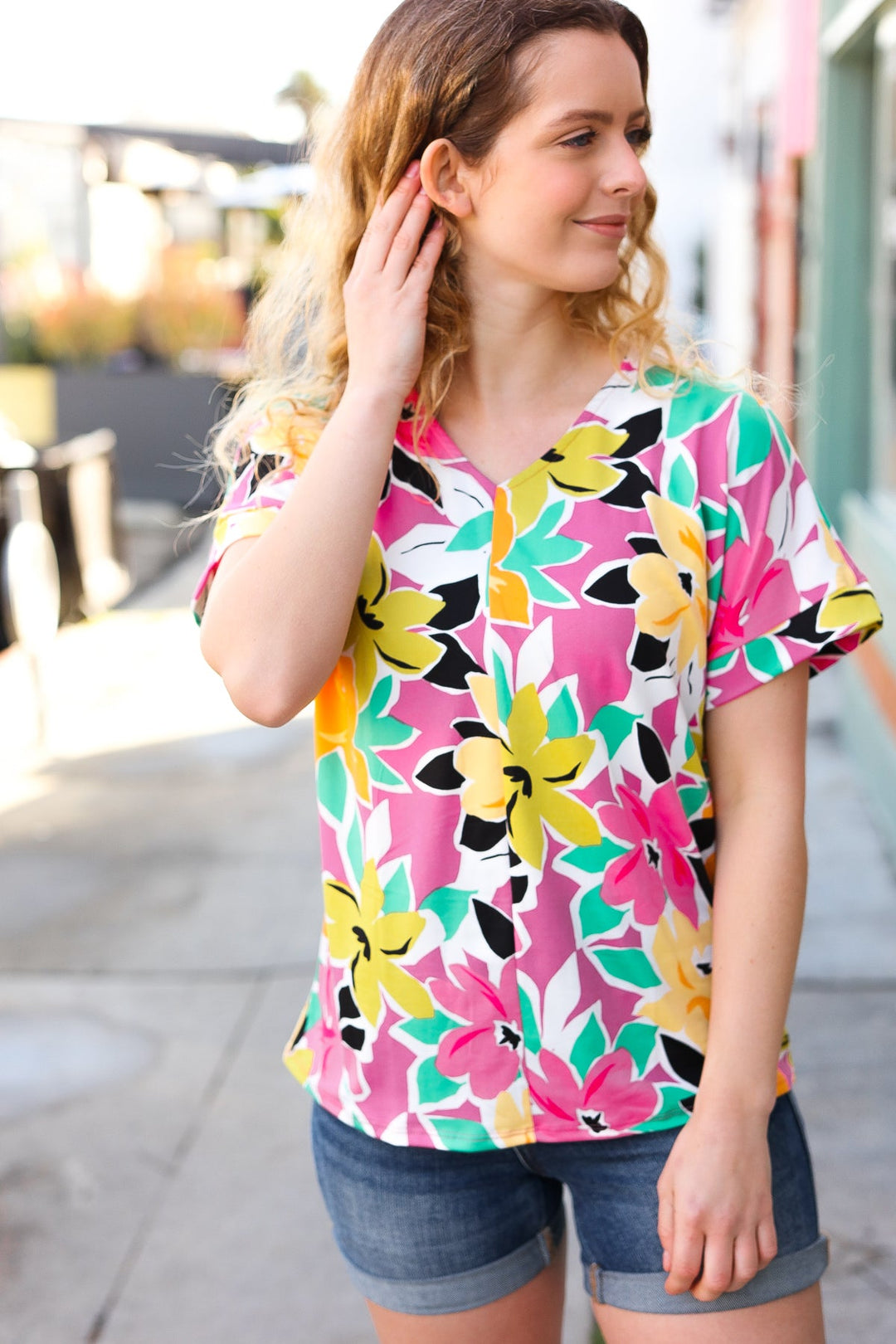 Fuchsia &amp; Emerald Flat Floral V Neck Tops | Nikki &amp; Co. Boutique