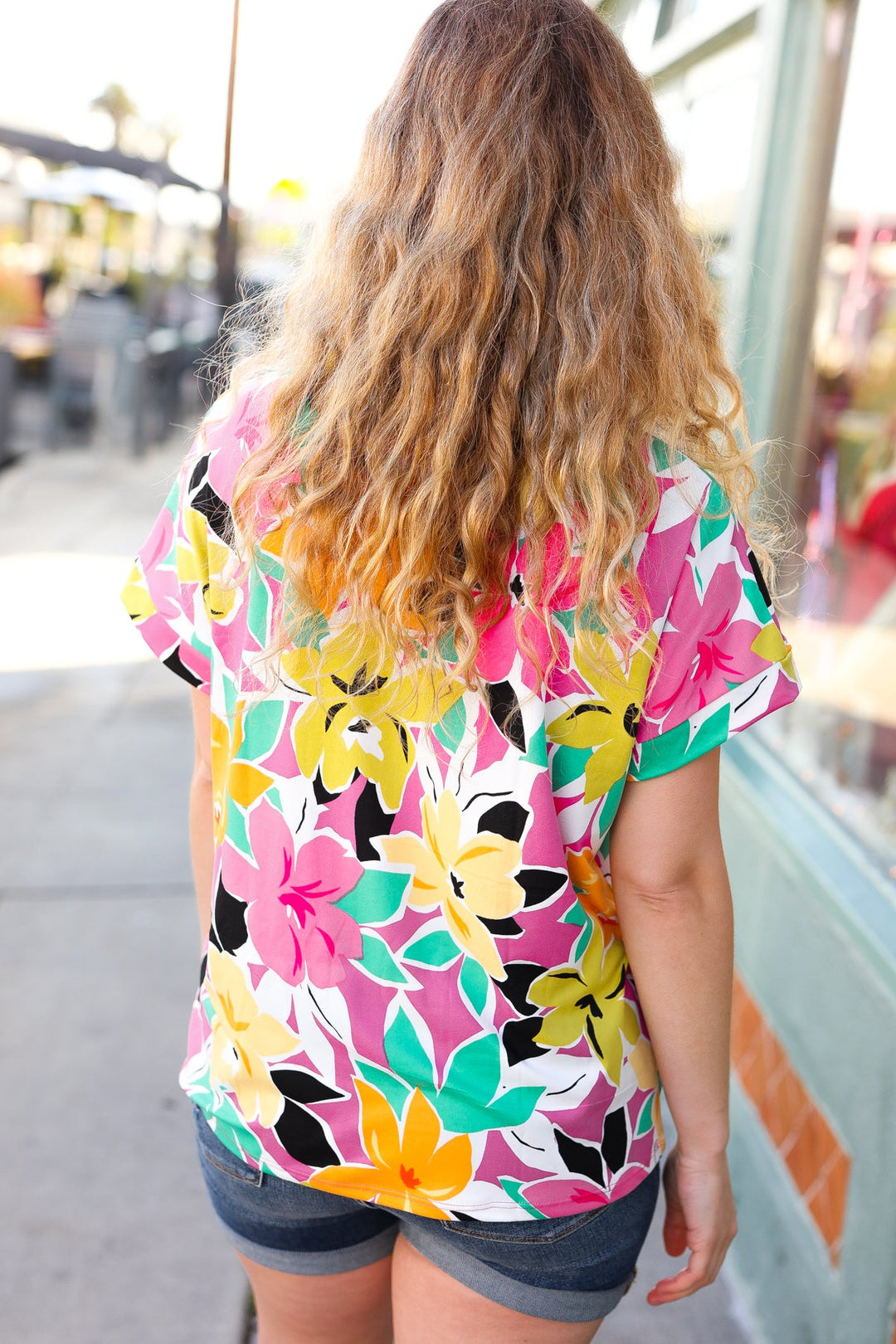 Fuchsia &amp; Emerald Flat Floral V Neck Tops | Nikki &amp; Co. Boutique